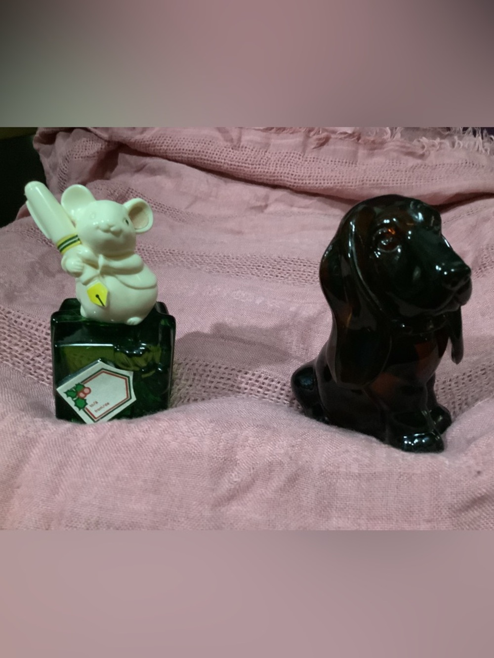 Avon Ceramic Mouse on Green Base and Dark Brown Dog Perfume Bottles.